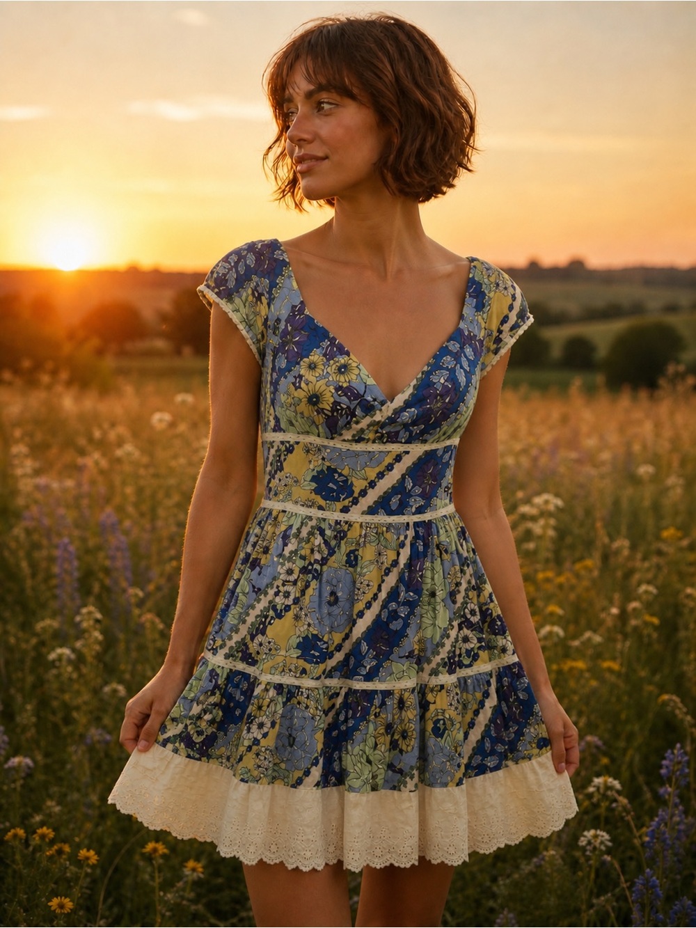 Free People 100% Cotton Boho Cottage Floral Lace Trim Tiered Mini Dress